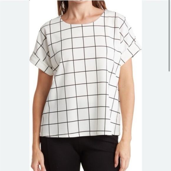 MELLODAY Tops - MELLODAY | White Black Windowpane Contemporary Boxy Short Sleeve Top | Large